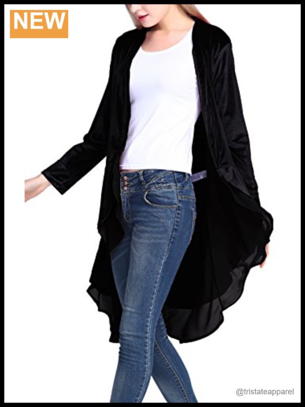 Women's Velvet Open Front Cardigan Coat Asymmetric Chiffon Hem